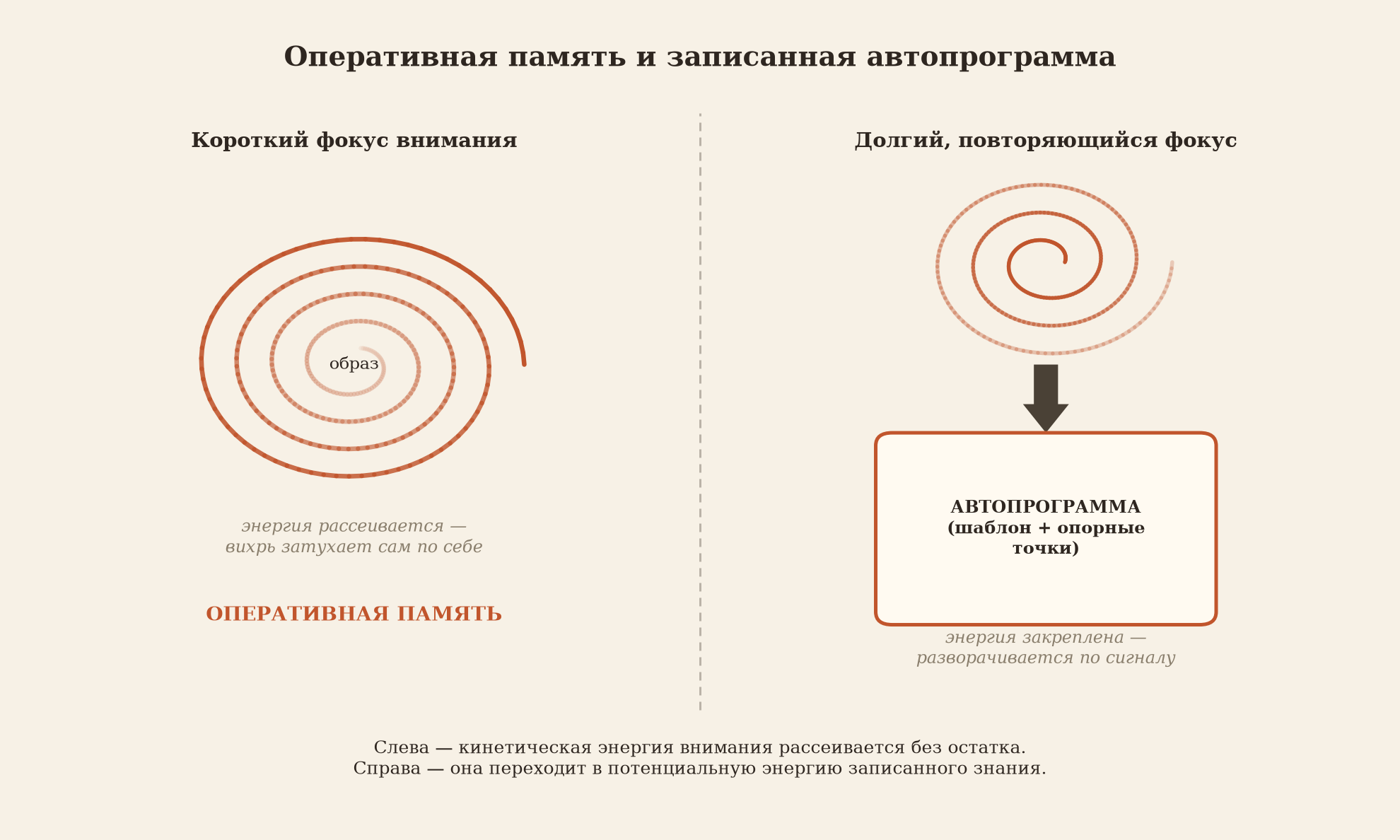 Оперативная и записанная память: короткий фокус внимания оставляет затухающий след, длительный фокус — записанную автопрограмму, разворачивающуюся по опорным точкам